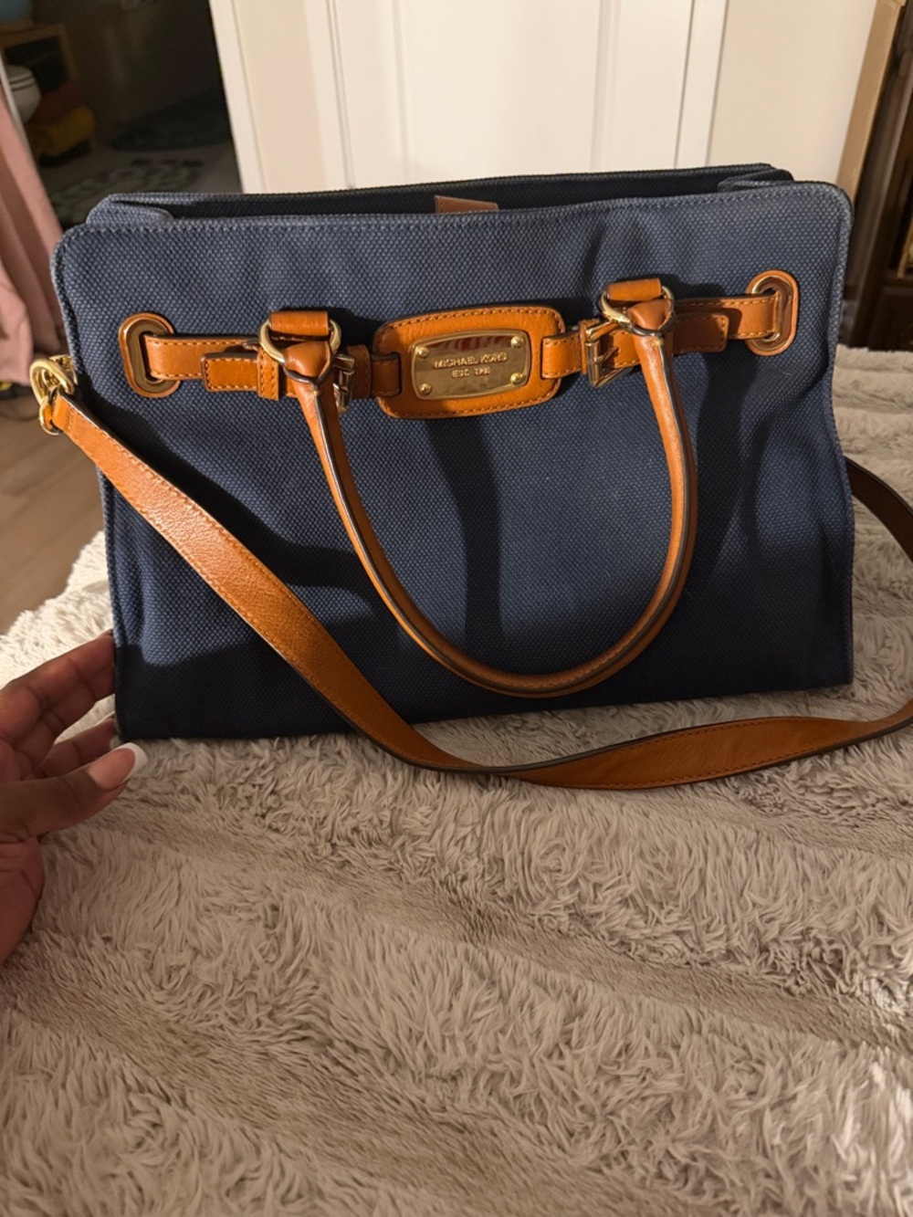 Michael Kors Navy Canvas Satchel with Cognac Leather Trim and Gold Hardware